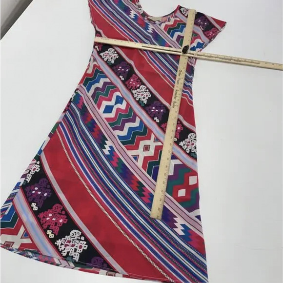 Carolina K Dress Womens XS Red Multicolor Geometric Bohemian A-Line Cap Sleeve - Picture 5 of 9